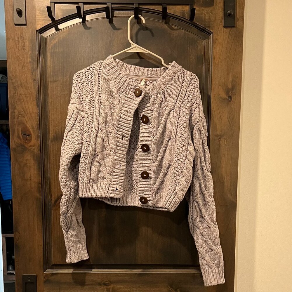 Free People Grey Cable Knit Cropped Cardigan